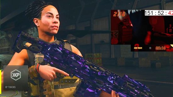Call of Duty: Modern Warfare 2 Polyatomic camo: A female soldier with braids holds a light machine gun covered in an iridescent purple geometric design