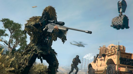 Call of Duty Warzone 2 best guns: a soldier in a full ghillie suit wielding a sniper rifle