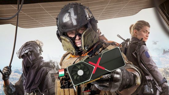 Warzone 2 no graphics card: Soldier holding Nvidia graphics card with red cross in centre