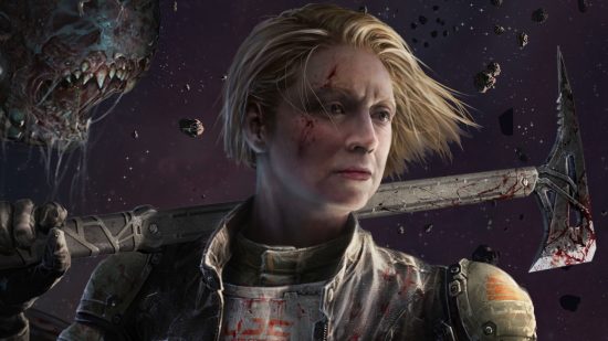The Callisto Protocol podcast: Key art depicting Gwendoline Christie as 'Percy,' a sci-fi fugitive hunter, holding a bloodied axe over her shoulder and standing in front of a starfield with an alien monster looming over her right shoulder