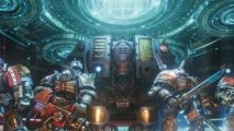 Warhammer 40k: Chaos Gate - Daemonhunters DLC: Two Grey Wolves in space marine armour stand in front of a hulking venerable dreadnought