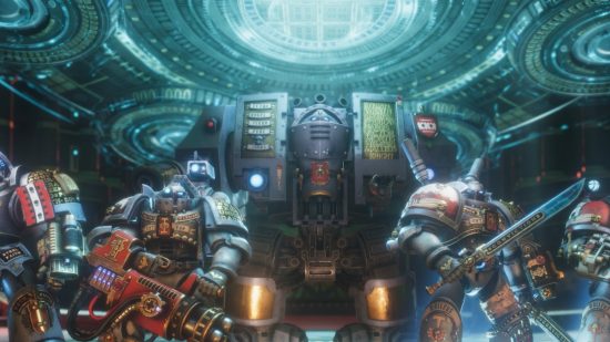 Warhammer 40k: Chaos Gate - Daemonhunters DLC: Two Grey Wolves in space marine armour stand in front of a hulking venerable dreadnought