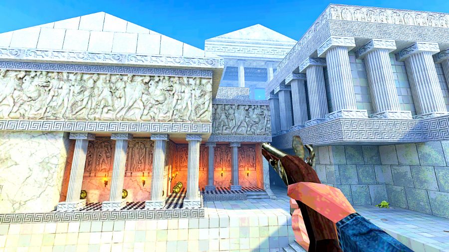 Chop Goblins - first-person view of a classic FPS, showing coins spread across a building resembling classical Greek architecture, as a gun is held in the corner of the screen