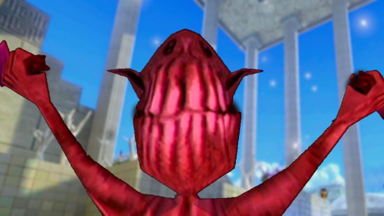 Chop Goblins - bite-size retro FPS from Dusk developer - a red goblin holds up two knives, surrounded by the white pillars of ancient Greek architecture