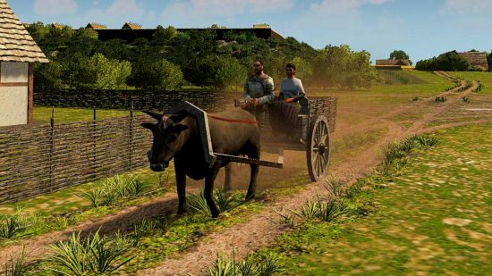 Cities: Skylines - an Ox pulls a two-person wooden cart down a dirt track