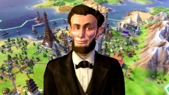 Civilization 6 DLC - Abraham Lincoln from Civ 4 in front of a built-up Civ 6 city