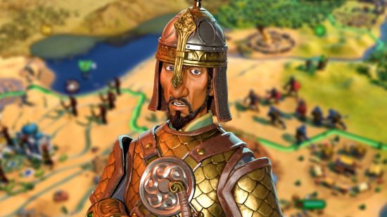 Civilization 6 - Saladin from the Arabian Empire, a slender, bearded man in full armour and helmet