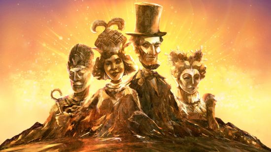 Civilization 6 leader pass release date: Key art for the Civ 6 Leader Pass shows four world leaders carved into a stone mountain with the sun rising behind them