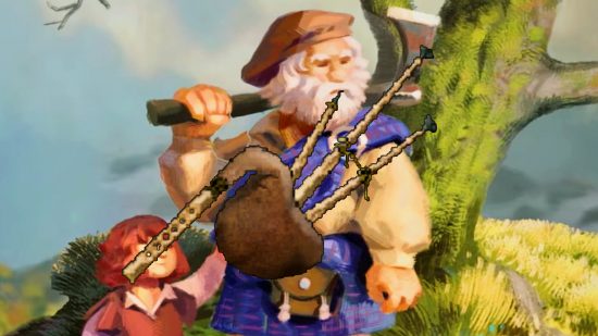 Clanfolk update 8 - a man with an axe in traditional Scottish tartan clothing holds his lips to a bagpipe, as a small child tugs at his waist