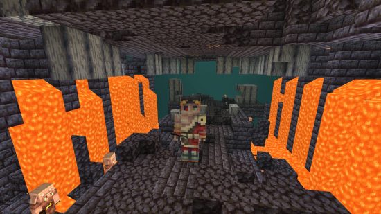 Cool Minecraft skins - a Minecraft character dressed as Zagreus from Hades while standing in a Piglin stronghold with lava flowing from the walls.