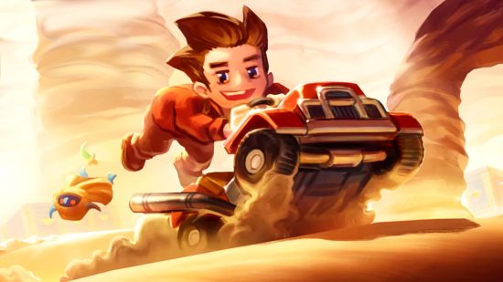 Core Keeper update Desert of Beginnings - a character holds onto the handlebars of a go-kart as it speeds through the desert, sand tornadoes rolling in the background