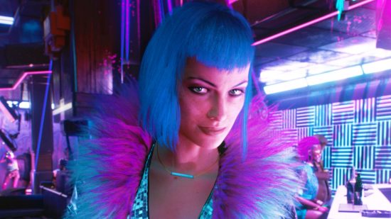 Cyberpunk 2077 mod lets you game the stock market GTA 5 style: A person with neon-bight clothes and hair stares you down in Cyberpunk