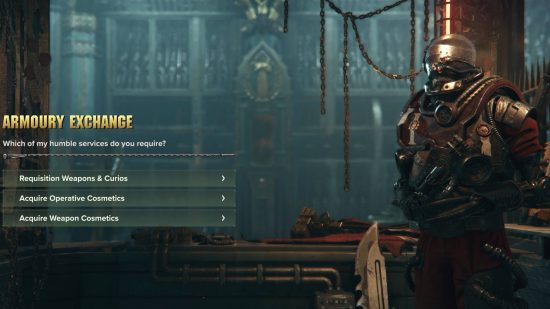 Darktide trust levels - the Armoury Exchange shop menu, with the helmet clad shopkeeper patiently waiting for your choice.