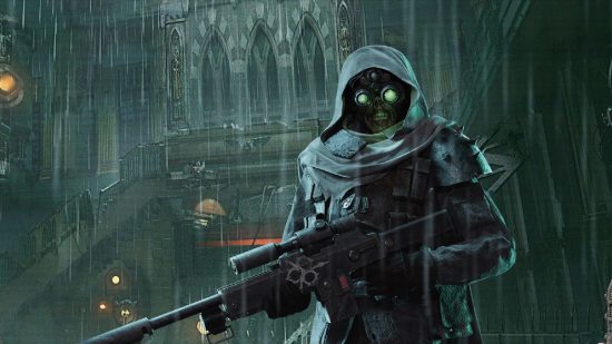 Darktide Twitch drops: a marksman stands in the rain holding his rifle