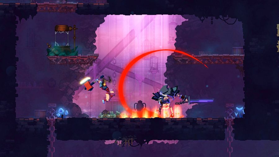 Dead Cells - a figure with a large hammer leaps at an enemy swinging a giant sword