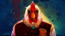 Dead Cells update - Jacket from Hotline miami, a man with a chicken head and brown varsity jacket with a large B on the breast