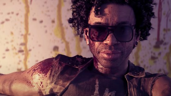Dead Island 2 release date: a man wearing sunglasses looking towards the camera covered in ketchup