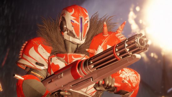 Destiny 2 season 18 leak reveals story shock in Bungie’s FPS game: A space marine in heavy red armour fires a minigun in Destiny 2