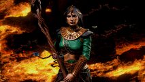 Diablo 2 Resurrected rune farm - a Sorceress wearing green in a rocky environment surrounded by rivers of lava