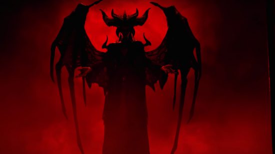 Diablo 4 Beta di rilascio Data: una figura oscura con ali in piedi tra le nuvole rosse