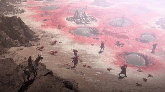 Diablo 4 beta release date: A player on horseback is watching a barren wasteland with a few shuffling figures below.