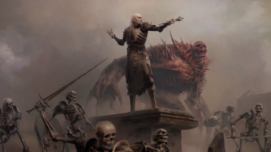 Diablo 4 beta release date: a Necromancer leader standing tall in battle with skeletons around him