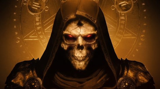 Diablo creator wouldn't have "gone in the direction" Blizzard has: A skeletal man in a red hood with glowing red eyes looks into the camera with a golden background with a pentagram and obscure ancient sigils
