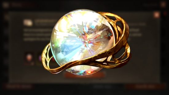 Diablo Immortal gem compensation - the Blessing of the Worthy gem, a glimmering sphere with a golden ring around it, in front of a blurred menu screen