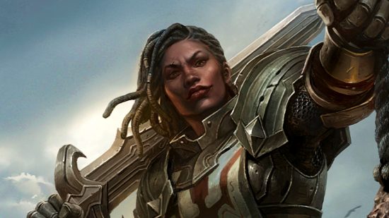 Diablo Immortal patch notes - a female crusader rests her sword on her shoulder as she holds an off-screen object up ahead of her