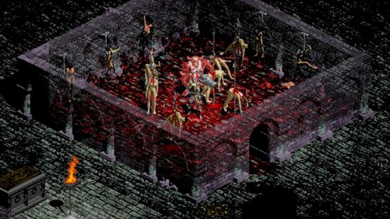 Best cannibal games: The Butcher of Tristram in Diablo, the first boss of the series that appears in the Cathedral, engaged in combat with the player in his slaughterhouse, surrounded by his victims.