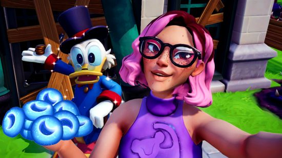 Disney Dreamlight Valley - a character with pink hair and glasses in a purple Simba top holds a pile of Moonstones in front of Scrooge McDuck