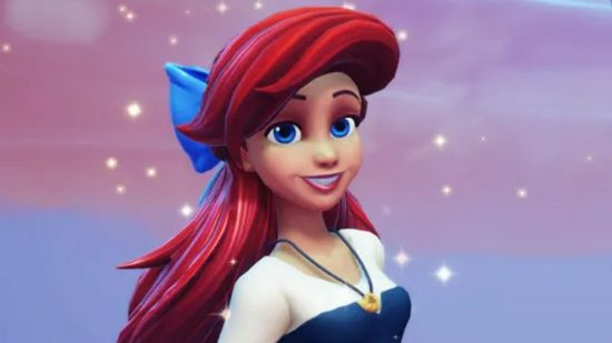 Disney Dreamlight Valley Eric is the perfect 'distracted boyfriend': A woman with red hair tied back in a blue bow smiles into the camera surrounded by sparkles