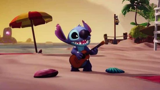 Disney Dreamlight Valley Toy Story update adds Stitch as surprise guest: blue alien Stitch stands on a beach playing guitar