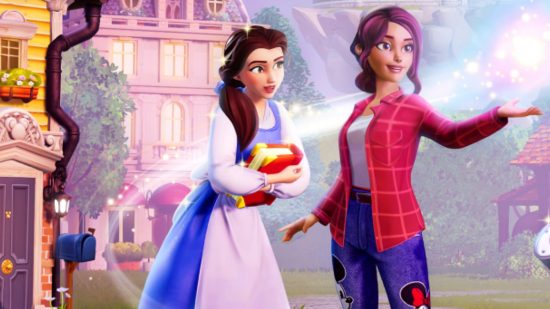 Next Disney Dreamlight Valley update hinted to be Beauty and the Beast: Belle from Beauty and the Beast stands hugging a book while looking as a white woman with black hair in a red checked shirt and jeans casting a pink magic spell