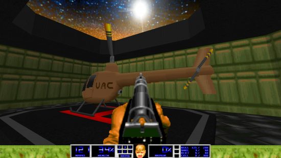 Doom’s scrapped 1992 “Doom Bible” version is rebuilt, fully playable: A space marine aims a rifle at the stars in Doom