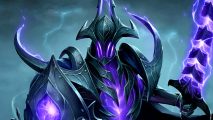 Dota 2 - Voidstorm Asylum Razor, a spiky set of black armour, glowing purple from the openings and from its sword and shield