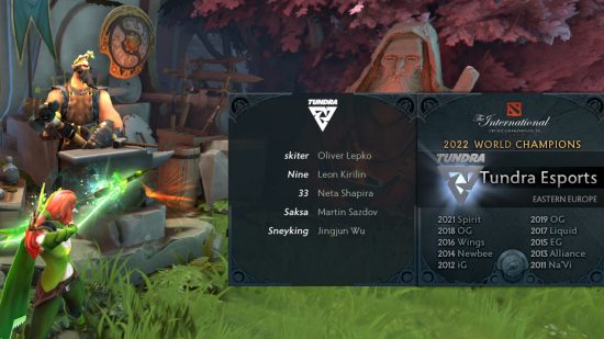 A Dota 2 archer with a green bow stands in front of a shopkeeper with the Aegis of Champions behind him as a pop up explains the winners of all of the past TIs