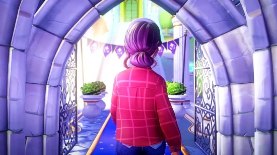 Діснея Dreamlight Valley не завантажує помилку: персонаж гравця, що гуляє через двері замку Dream