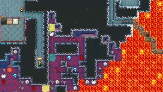 Dwarf Fortress release date: A top-down view of a dwarven fortress, with a large lake of hot lava on the right side and several chambers and hallways tiled in purple