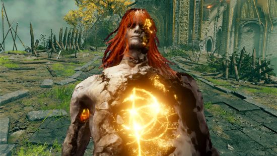 Elden Ring bosses arena mod - Radagon, a red-haired figure with glowing sigils inside their chest, at the front of Stormveil Castle