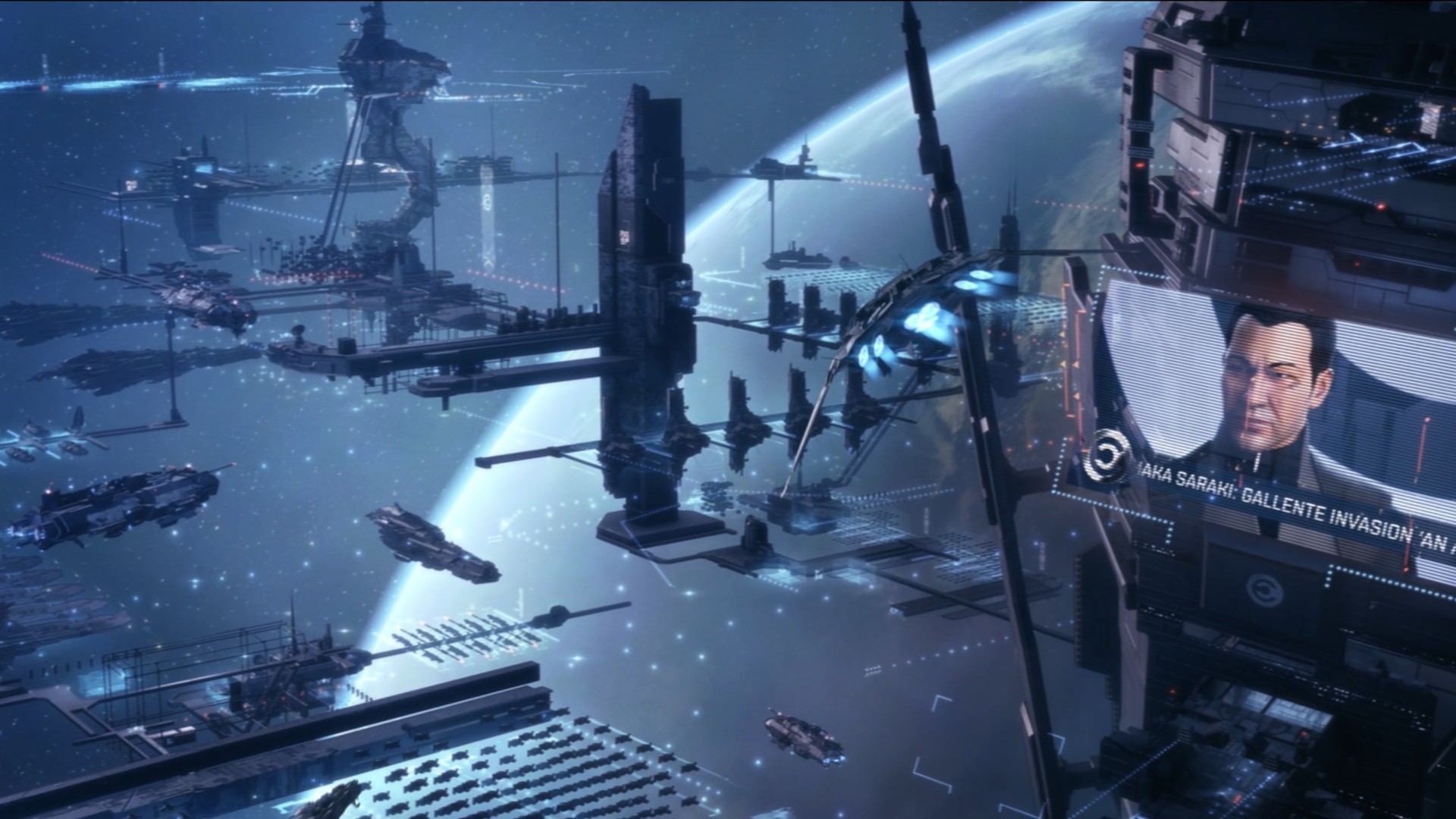 Eve Online Uprising-Erweiterung: Eine Nachrichtensendung läuft auf einem riesigen Bildschirm, der an der Seite einer Raumstation angebracht ist, die Teil einer großen interstellaren Werft ist