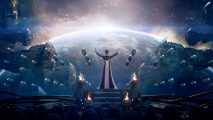 Eve Online Uprising expansion: A robed female figure stands on a dais, arms raised, as she looks out toward a view of a massive fleet of ships gathered near an earth-like planet as the corona of its sun gleams on the horizon
