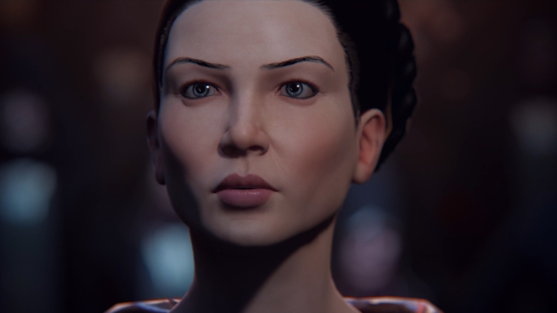 Eve Online Uprising Erweiterung: Eine Nahaufnahme des Gesichts einer Frau, sie sieht grimmig entschlossen aus und vielleicht etwas besorgt darüber, was kommen wird