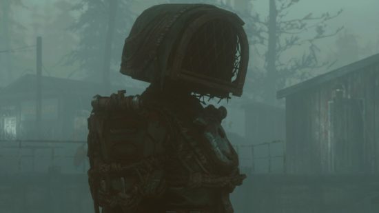 Mysterious Fallout 4 mod resurfaces, making Bethesda RPG a horror game: A strange figure with a basket for a head in an apocalyptic hellscape