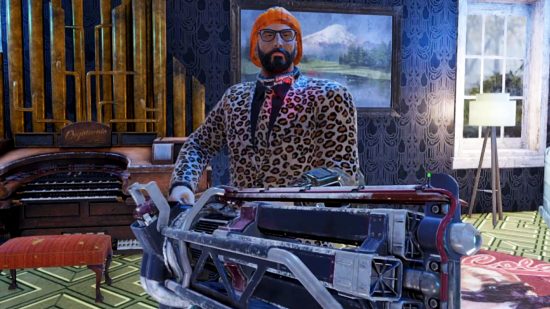 Fallout 76 update - a bearded man in a jaguar-print suit, glasses, and orange beanie holding a large gatling laser in a quaint home