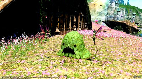 FFXIV 6.3 Live Letter 74 - a blob-like creature covered in leaves making a shocked face, surrounded by fairies