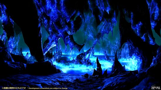 FFXIV 6.3 Live Letter 74 - a cavern full of rocky outcroppings with a vivid blue glow