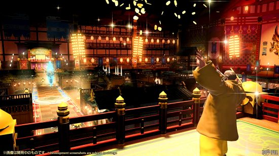 FFXIV 6.3 Live Letter 74 - new Kugane arena for Crystalline Conflict, featuring red and gold themes with scattered piles of gil on the floor