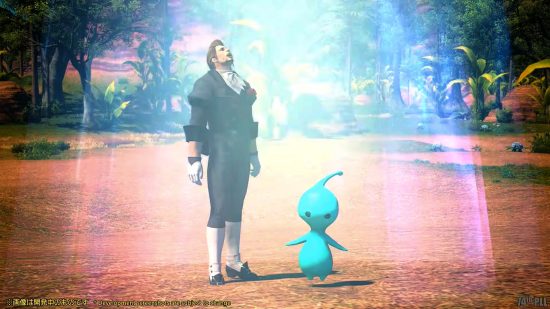 FFXIV 6.3 Live Letter 74 - Hildibrand looks up at a glowing light next to a tiny blue creature