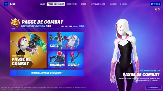 Fortnite battle pass for chapter 3 season 4 mysteriously cut short: An image showing the Fortnite battle pass menu in French